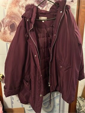 Woman Within Burgundy Hooded Puffer Coat with Faux-Fur Trim